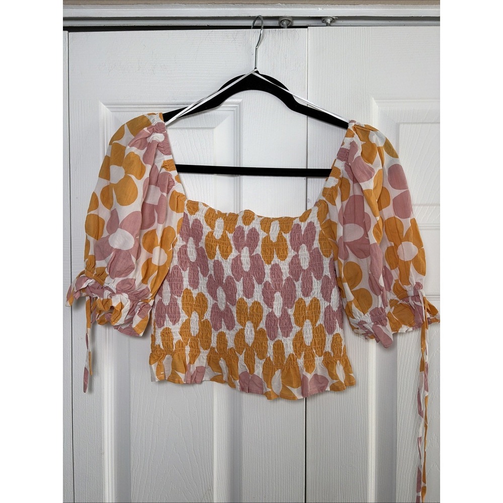 Jacquie The Label Smocked Crop Top Womens M Orange Pink Floral Puff Sleeve M